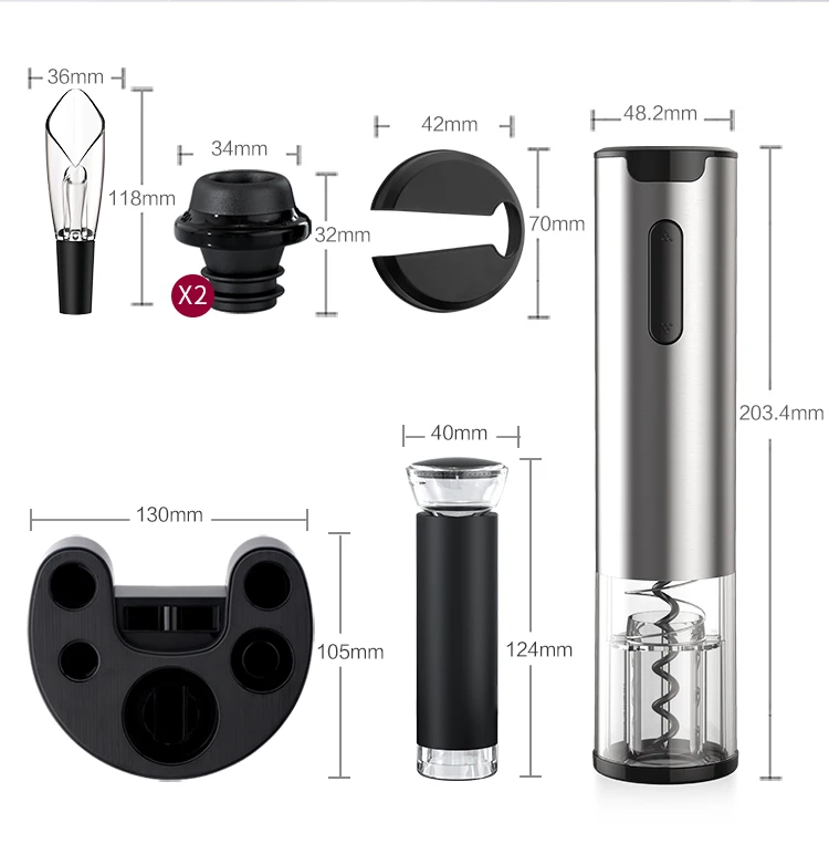 Eco Friendly 6pcs Customizable Stainless Steel Electric Wine Opener Set Includes Bottle Cork Screw Openers for Gift Use