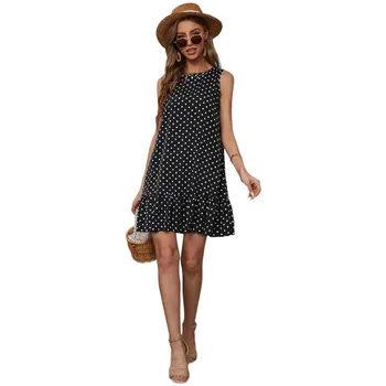 Women's Casual Dresses 2024 Sleeveless Polka Dot Short Pencil Dress Loose Elegant Formal Summer Black Oversized Plus Size Dress