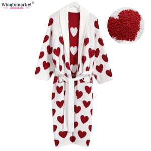 Custom Valentine Plush Bathrobe Cozy Honeymoon Nighty Luxury Robe Allover Heart Print Jacquard Fluffy Bath Robes Women