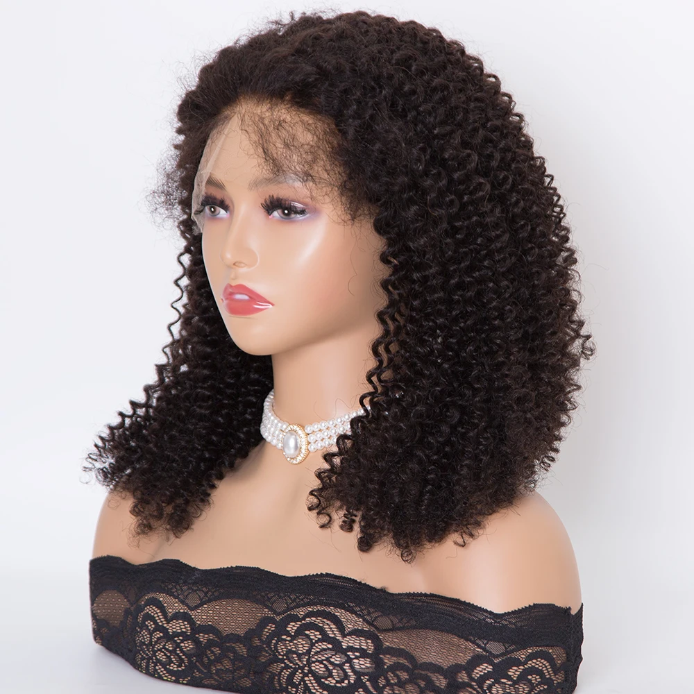 22 inch curly texture natural black color fully hand tied HD lace top wigs human hair