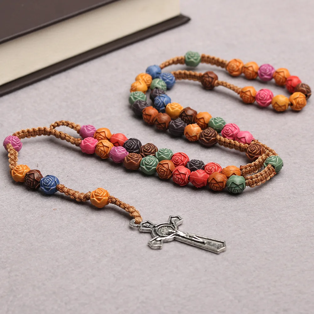 Religious Rosary Charm Colorful Necklace with Flower Plastic 10mm Bead Alloy Cross Jesus Christian Prayer Beads for Catholicism
