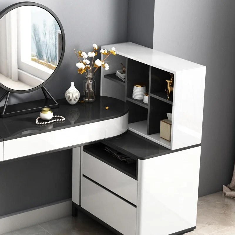 Concise Style Modern Bedroom Round Mirror Black and White Dresser Furniture Makeup Vanity