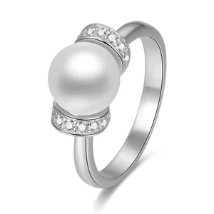 Women 925 Sterling Silver Jewelry Ring Prong Setting Fashion Freshwater Pearl Dubai White Gold Ring