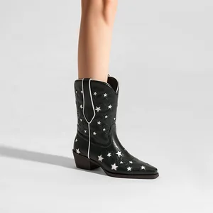 Women's Western Cowboy Boots Dark Green PU Leather with White Star Cutouts, Pointed Toe, Mid-Calf Pull-On Boots