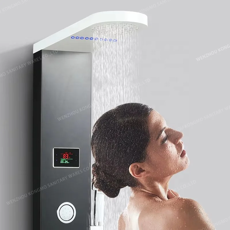 SS304 Stainless Steel Shower Panel Tower Black LED Digital Display Temperature Purite Body Massage Shower Stand Wall Conduit
