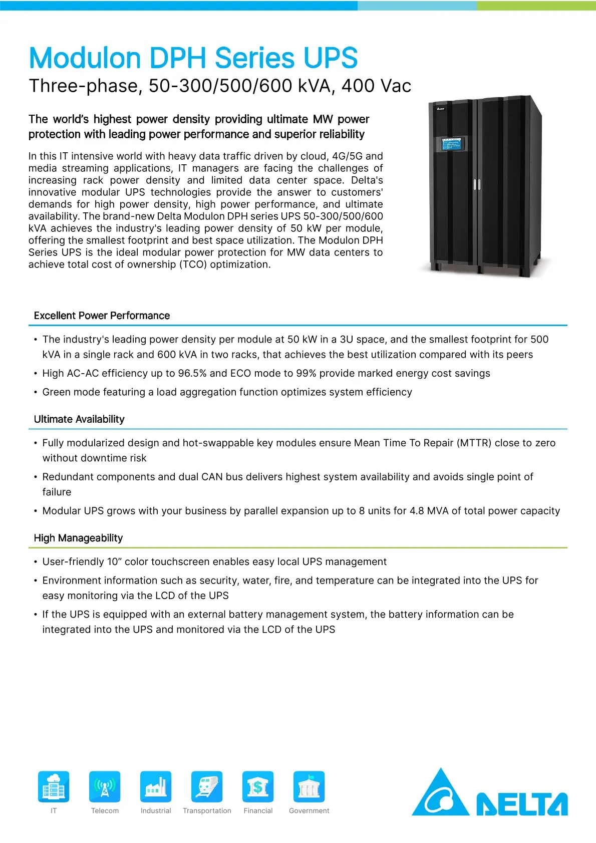 DELTA Modulon DPH Series Modular UPS 600KVA 380-400Vac Three-phase with ...