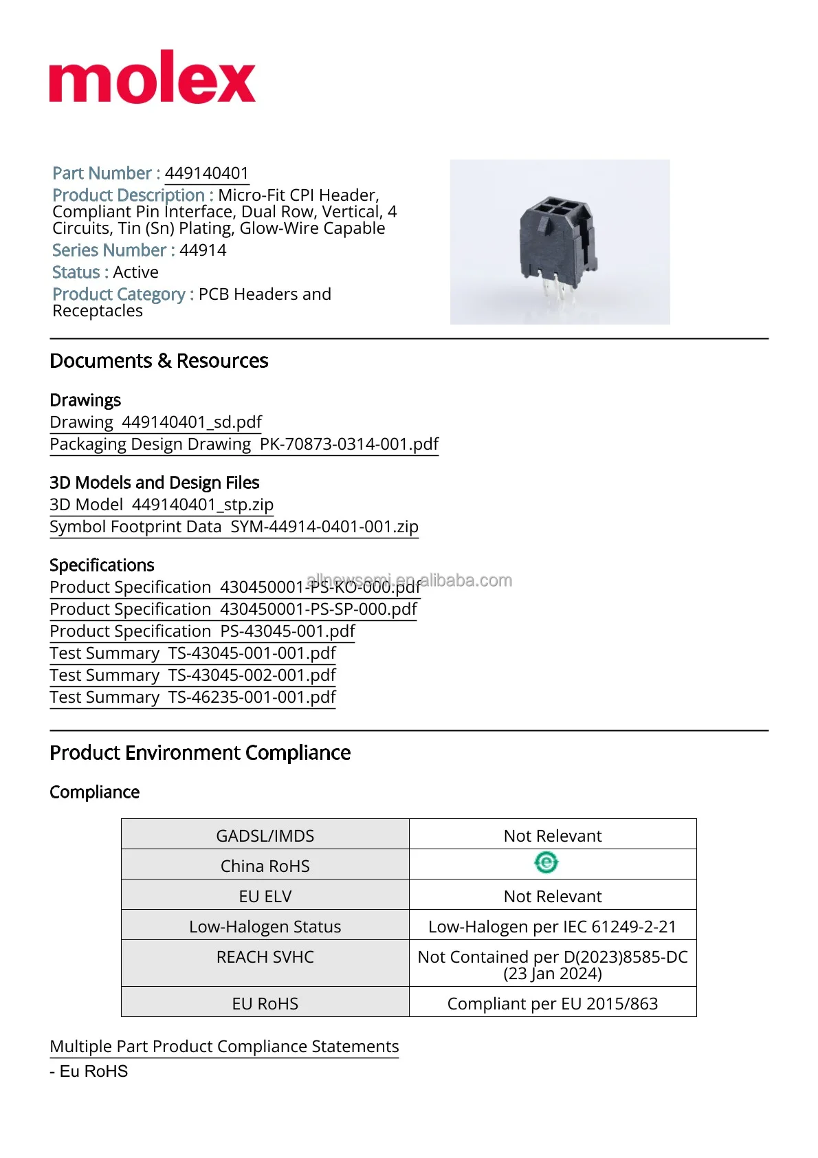 Hot sale Original 44914-0401 Rectangular Power Connector 4 Contact(s) Female Press Fit Terminal Receptacle Connectors