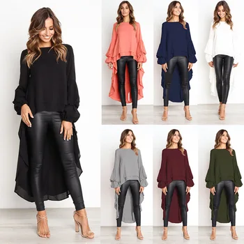Hot Sale High Quality Women's Casual Midi-Length Sexy Ruffled Long-Sleeves Irregular Style Spring Autumn Winter Featuring Solid