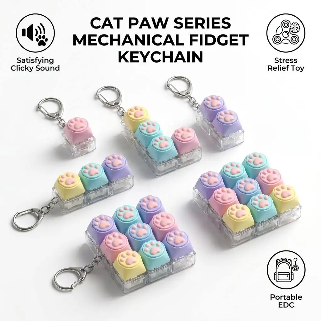 Wholesale Cat Paw Mechanical Switch Fidget Toy Keyboard Clicker Sound Decompression Keychain Stress Relief Sensory Gift OEM