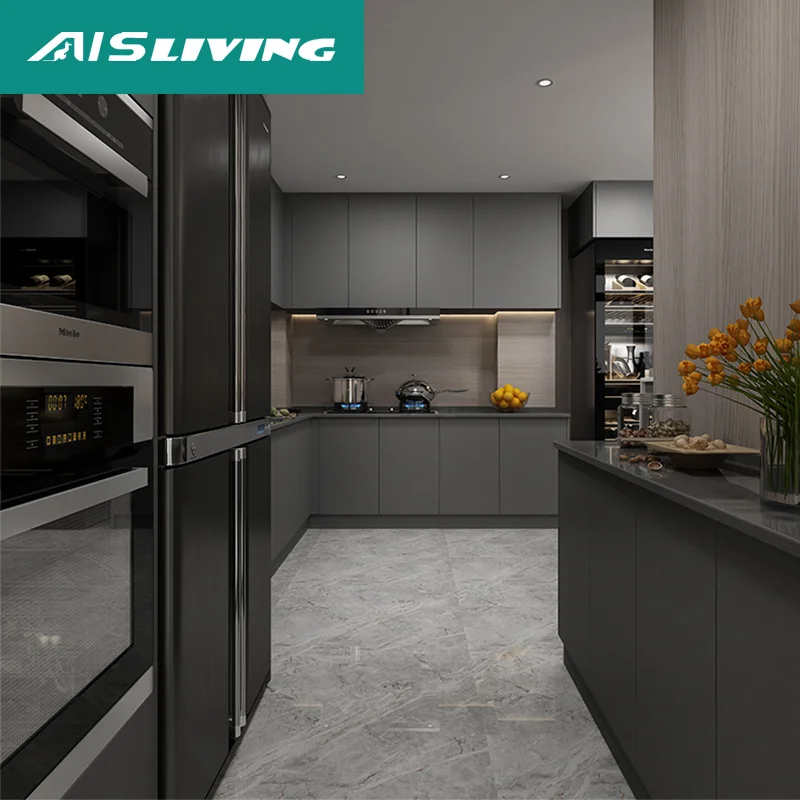 AIS Modern Minimalistic Style Designs Small Complete Custom Home Furniture L Shaped Melamine Unit Cabinets Kitchen With Sink