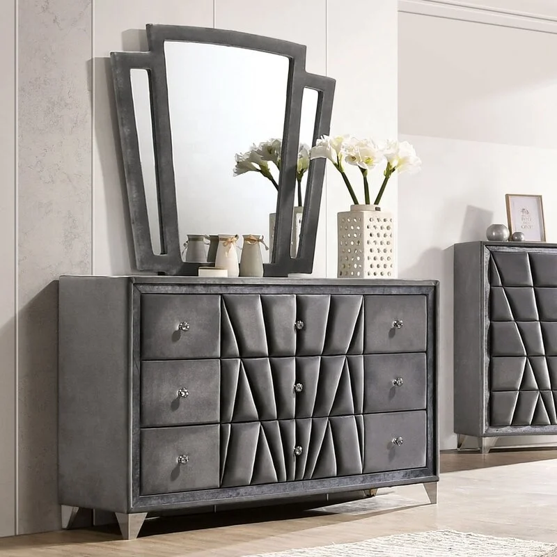 Pinzhi Modern Designer Queen Size Nightstand Solid Wood Dresser Mirror Grey Velvet Bedroom Sets For Home Use