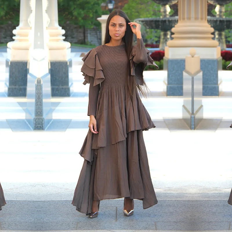 2025 Spring Fashionable Large Size Pleated Dress Elegant Unique Design With Lotus Sleeves for Women Casual Dresses for Adults