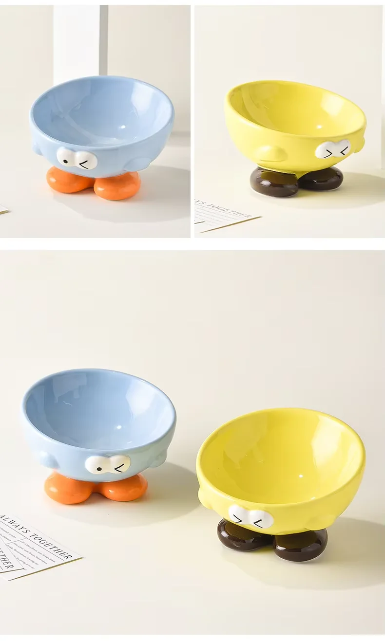 Creative Cute Expression Eco-Friendly Tall Ceramic Pet Bowl Comfortable Rounded Cat/Dog Feeding Spine Protection Slant Solid factory