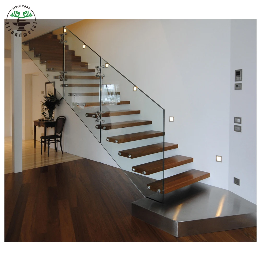 Big Landing Floating Stairs with Led Light White Oak Steps Standoff Glass Railing