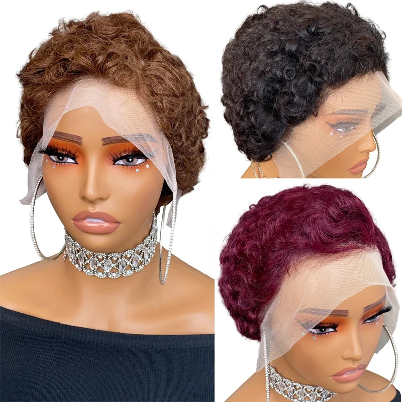 150% Density Short Pixie Cut Curly Wig Kinky Curly 13x4 Lace Frontal Short Wig Remy Hair Human Hair Wigs for Women Colored Wig_voghion.com