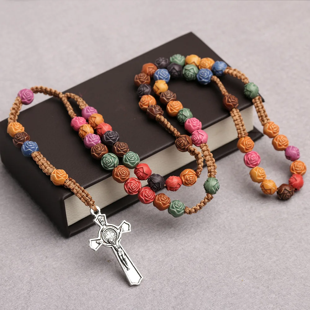 Religious Rosary Charm Colorful Necklace with Flower Plastic 10mm Bead Alloy Cross Jesus Christian Prayer Beads for Catholicism