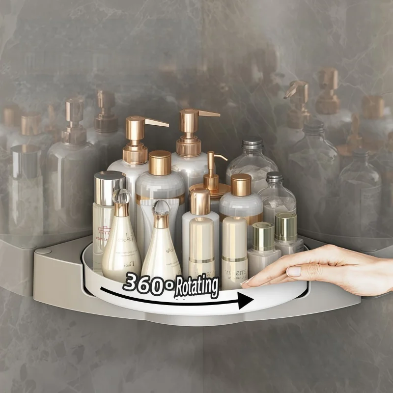 Plastic Home Storage Organizer Rack Self-Adhesive Wall Corner Mount Shelf With 360 Rotary Drainage Tray for Bathroom Toiletries