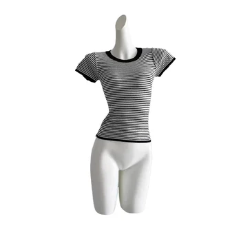 2025 New Spring and Summer Women's Pure Desire Round Neck Striped Slim Knitted Short-Sleeved Top Soft Versatile Preppy Style