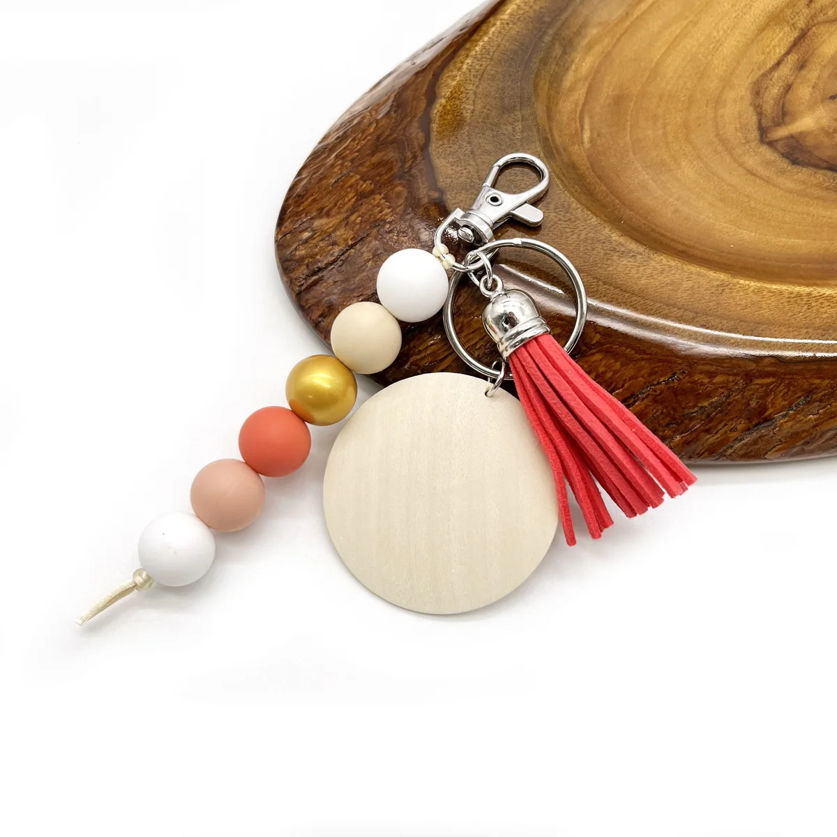Wholesale Personalized Custom Blank Wood Disc Tassel Silicone Bead