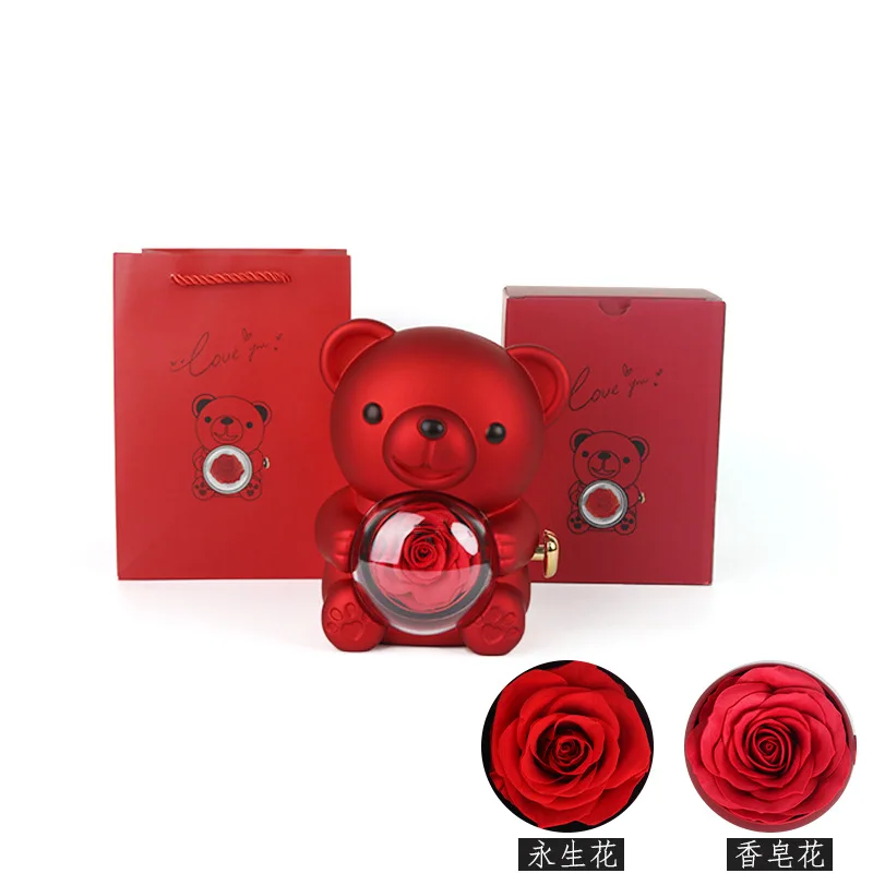 Custom Teddy Bear Gift Rotating Flower Preserved Rose in Acrylic Cute Bear Jewelry Boxes for Necklace Ring