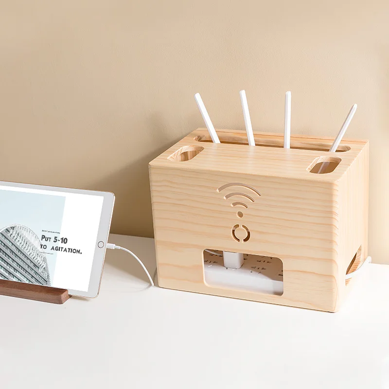 Solid Wood Wireless Router Storage Box Wifi Power Wire Storage Shelf Wood WiFi Box Hider Router Organizer