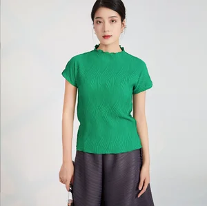 Hot-Selling Casual Short T-Shirt Women Pleated Design Crew Neck Breathable Short-Sleeved Vintage Polyester Summer Top