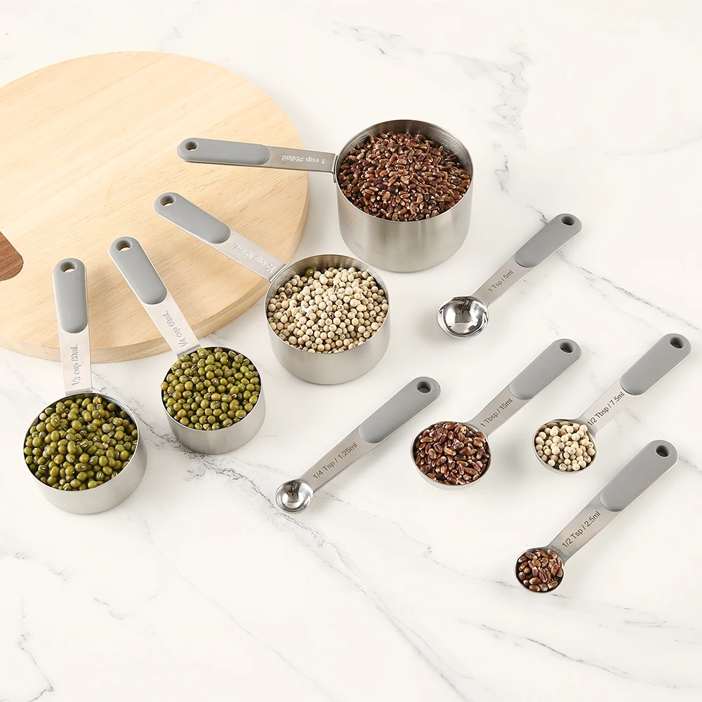 9 Pcs Kitchen Tool Set with Silicone Handles Stainless Steel Measuring Cups and Spoons for Effortless Cooking