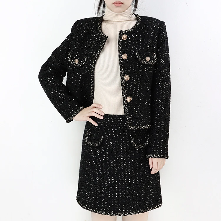 Autumn 2023 women temperament tweed formal skirt suit fashion office wear two piece set