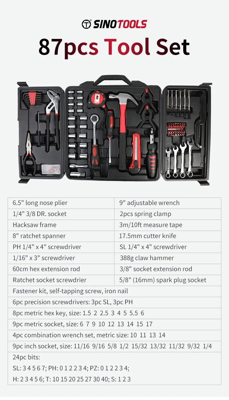 Hot Selling Tool Set Herramientas General Household Hand Tool Kit 87