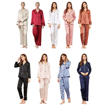 Fung 6001 Luxury  Stock Ready to ship  Woman Satin Silk Long Sleeve Pajamas