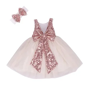 Customizable OEM Wholesale Sleeveless Sequin Dresses Elegant Big Bow Summer Party Dresses for Girls
