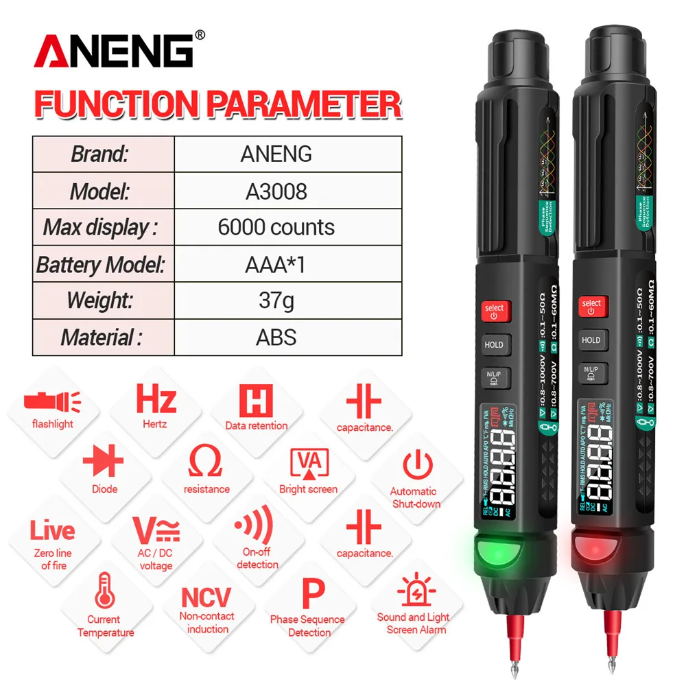 ANENG A3008 Digital Multimeter Auto Intelligent Sensor Pen Tester 6000 Counts Non Contact Voltage Meter Multimeter  Polimetro