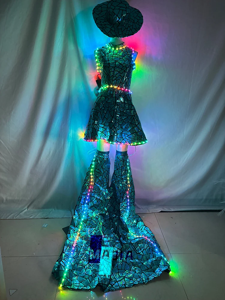 LED Color Changing Glossy Women Stilts Dress Modern Girl Hat Stage  Performance Festival Gogo Costume Bar Nightclub Rave Outfit
