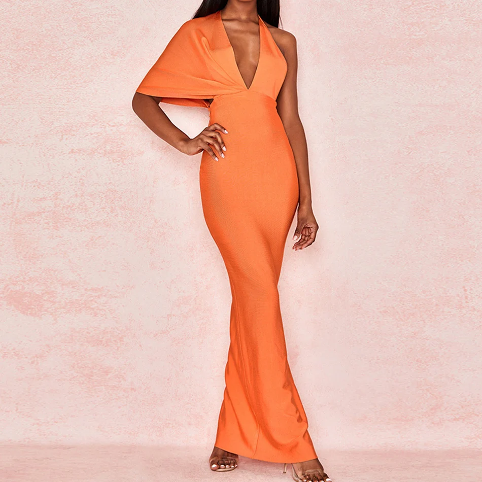 Orange Color One Shoulder Sexy Long HL Bandage Evening Party Dress Women  Celebrity Fashion Prom Dresses