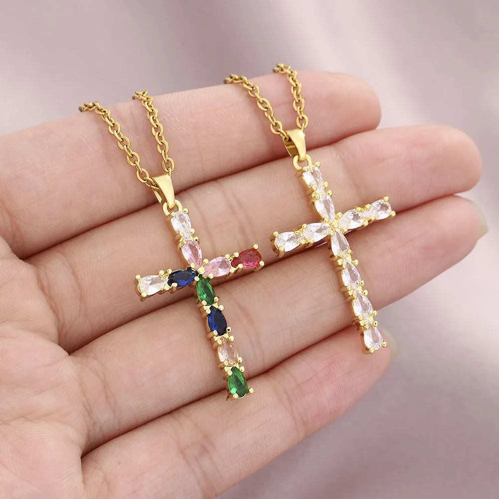 HZMAN Collana con croce in oro 18 carati, collana placcata in oro