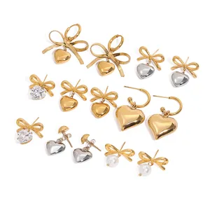 Ins Style 18K Gold Stainless Steel Love Heart Pendant Drop Earrings Bow Tie Stud Earrings for Lovely Girls