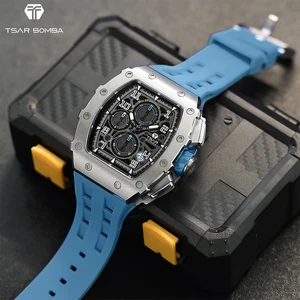 TSAR BOMBA Men's Quartz Watch Fashion Brand Sapphire Crystal 50 Meter Waterproof Tonneau Business Style Silicone Band Seiko