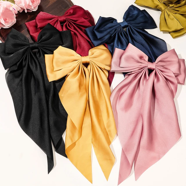 High Quality Satin Long Ribbon Bow Hairpins Girl Korean Solid Color Long Streamer Large Hair Clip Bow Knot Hair Accessories