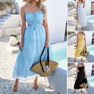 Women's 2026 Summer Bohemian Maxi Dresses Spaghetti Strap Cutout Tie Back Tiered Flowy Dress Vacation Beach Outfits