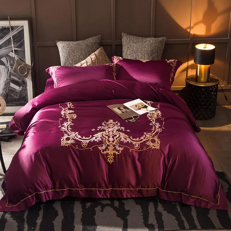 Lezkira Burgundy Red Luxury Egyptian Cotton Embroidery Bedding Set