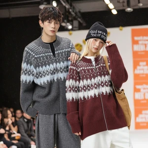 Autumn Winter Fairisland Soft Waxy Anti-Pilling 280g Pullover Knitted Jacket Men Women's Cardigan Sweater