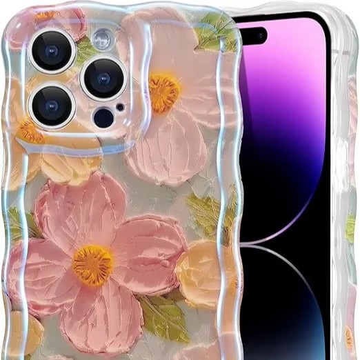 Colorful Retro Oil Painting Case for iPhone 11 12 13 14 15 15 Pro Max Plus Printed Flower Laser  Pattern Stylish Durable TPU