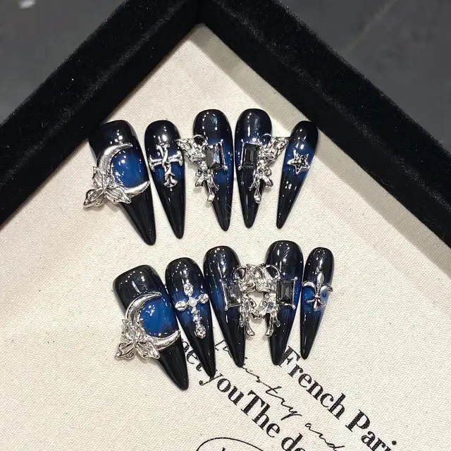 New Handmade 10Pcs False Nails Wearable Fake Nail Moon Butterfly Design Press on Nail Tips Full Cover Fingernails For Girl