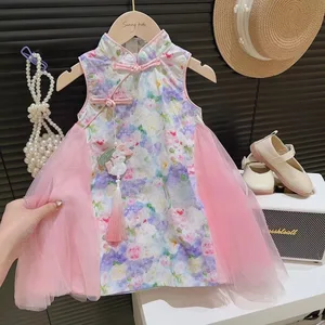 Girls Casual Summer Sundress Princess-Style Floral Pattern Children Cheongsam Skirt Knee-Length Flower Dress