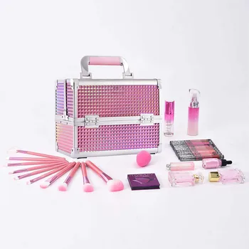 Aluminum pink hard travel makeup train cosmetic vanity box /Professional Portable Makeup case