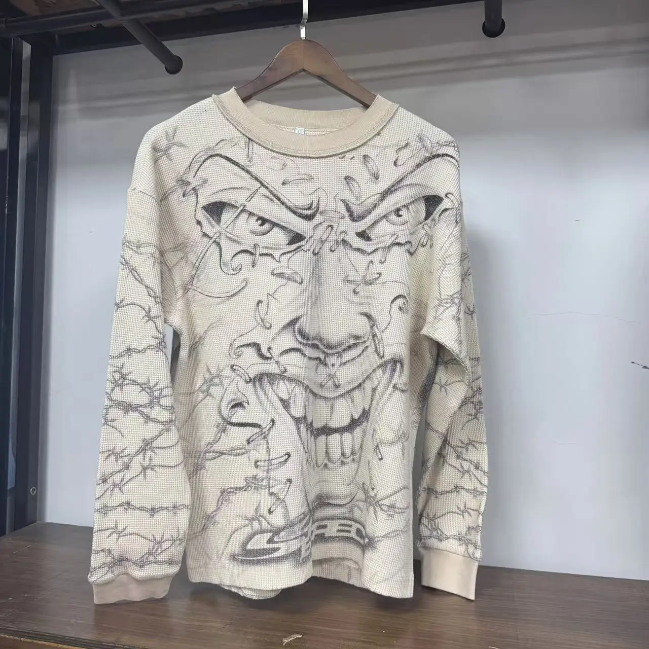 Custom Drop Shoulder Waffle Graphic Print Thermal Double Layered Collar Distressed Streetwear T-shirt Cropped t Shirts Men