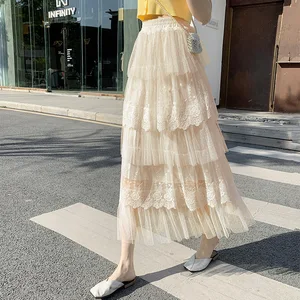 Spring Summer New French Lace Stitching Embroidered Cake Half-Length Skirt Elastic Waist Anti-Wrinkle Mesh Korean Women's