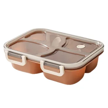 Wholesale Portable Microwavable  4 compartments  plastic  lunch box with  transparent lid  spoon  bento box  for students