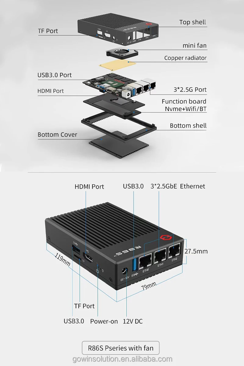 R86S Fanless Mini PC Linux Ubuntu Intel N5105 N6005 Mini Computer With 3*2.5G Gigabit Ethernet Mini PC Factory Ready To Ship