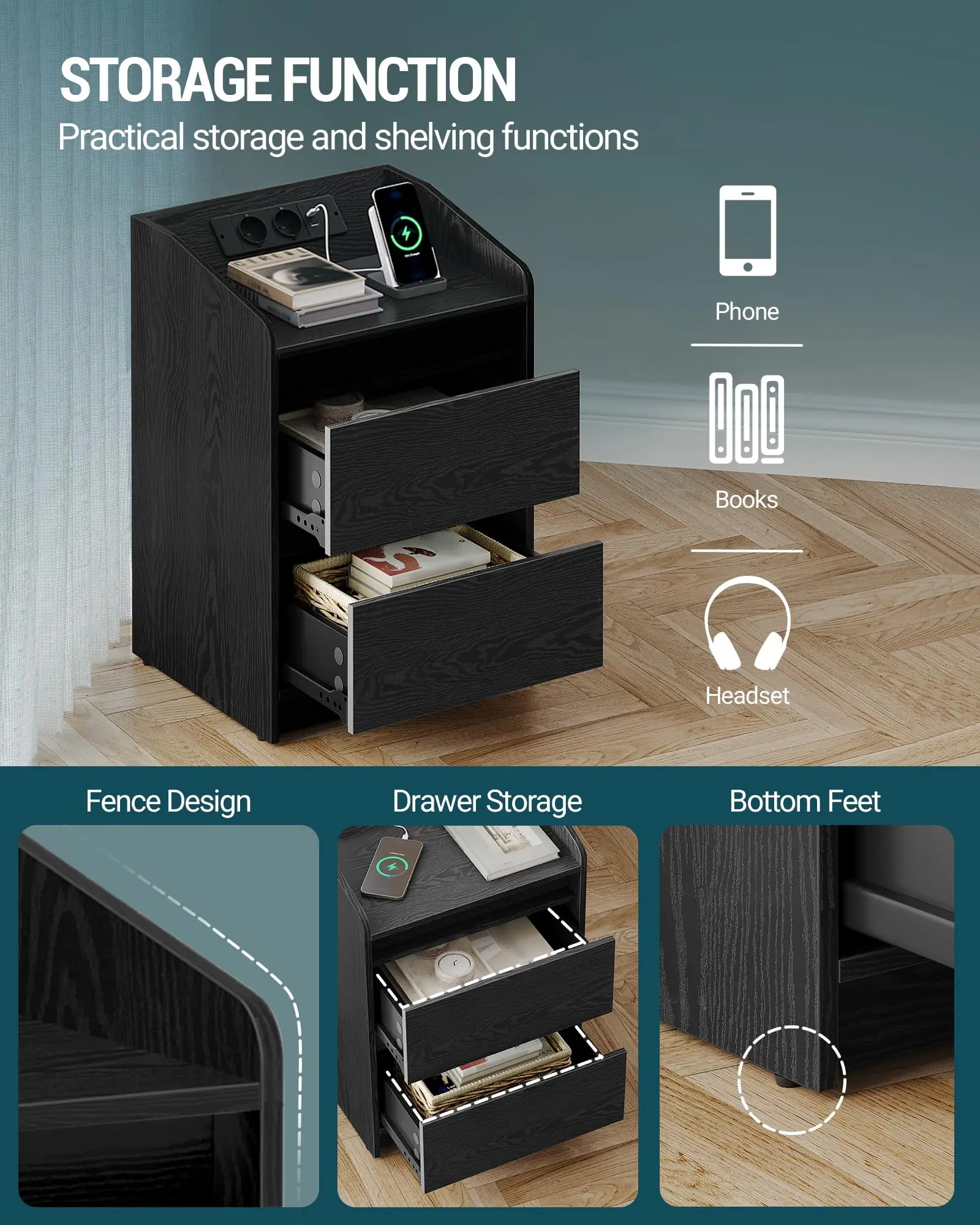 Modern Adjustable Height Bedside Table Ergonomic Wooden Furniture with Hidden Compartment Bedroom Living Room Hotel Apartment